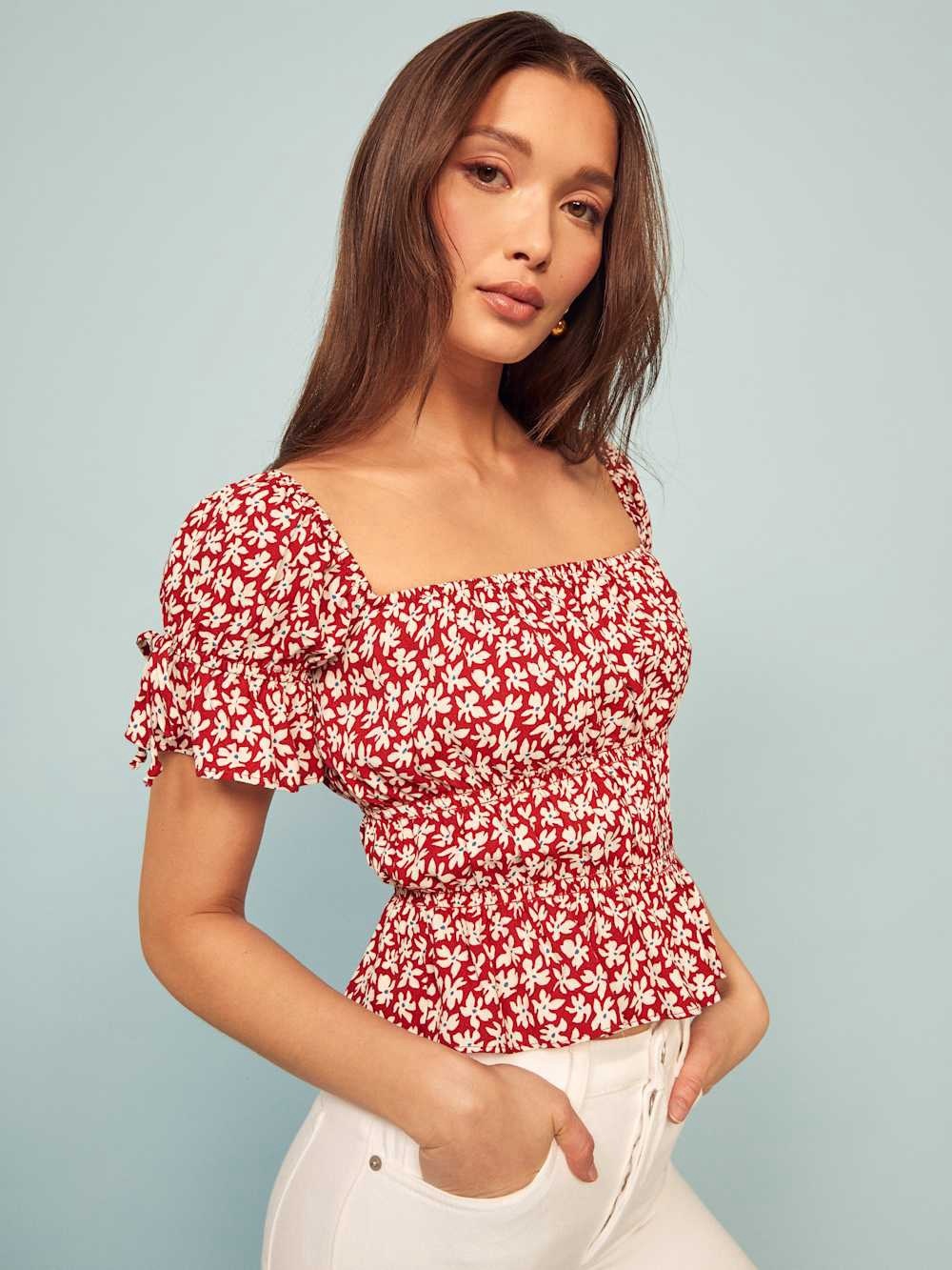 Reformation Red Floral Square-Neck Smocked Peplum Solis Top